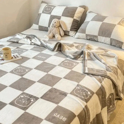Cozy checkered fleece blanket gray & white bear bedroom throw