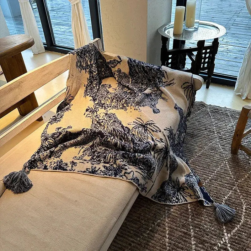 Cozy chinese ink blue & white toile knit blanket – bedroom throw