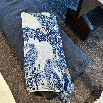 Cozy chinese ink blue & white toile knit blanket – bedroom throw