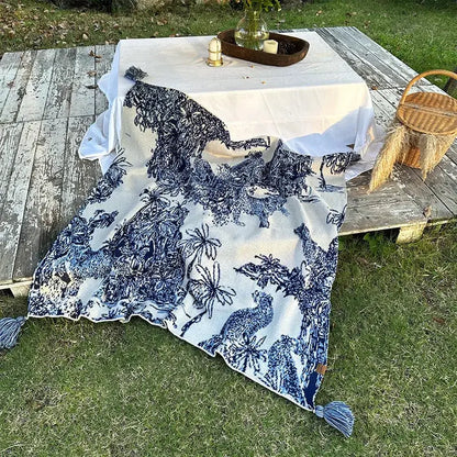 Cozy chinese ink blue & white toile knit blanket – bedroom throw