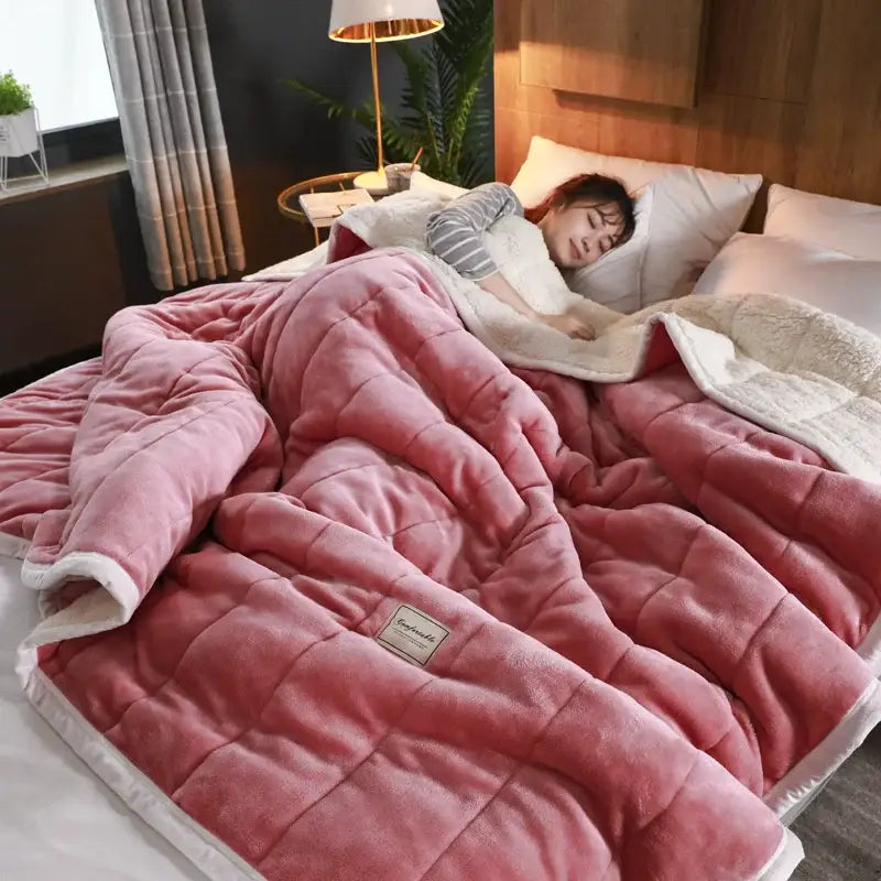Cozy coral fleece blue and white quilted blanket for bedroom