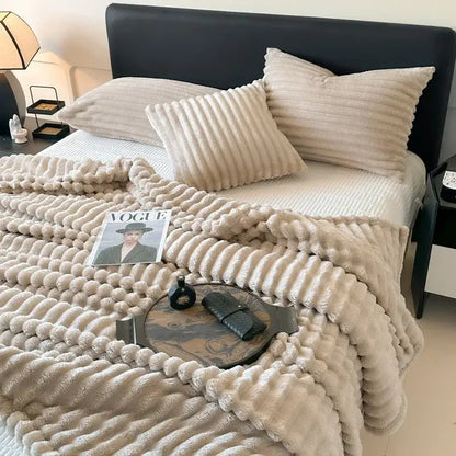 Cozy coral fleece wavy ribbed cream throw blanket for living room