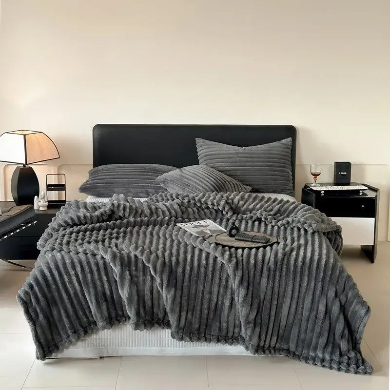 Cozy coral fleece wavy ribbed cream throw blanket for living room