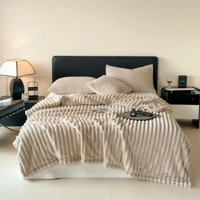 Cozy coral fleece wavy ribbed cream throw blanket for living room