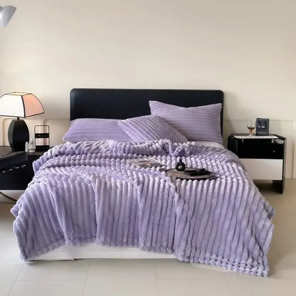 Cozy coral fleece wavy ribbed cream throw blanket for living room