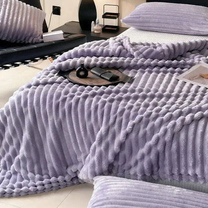 Cozy coral fleece wavy ribbed cream throw blanket for living room
