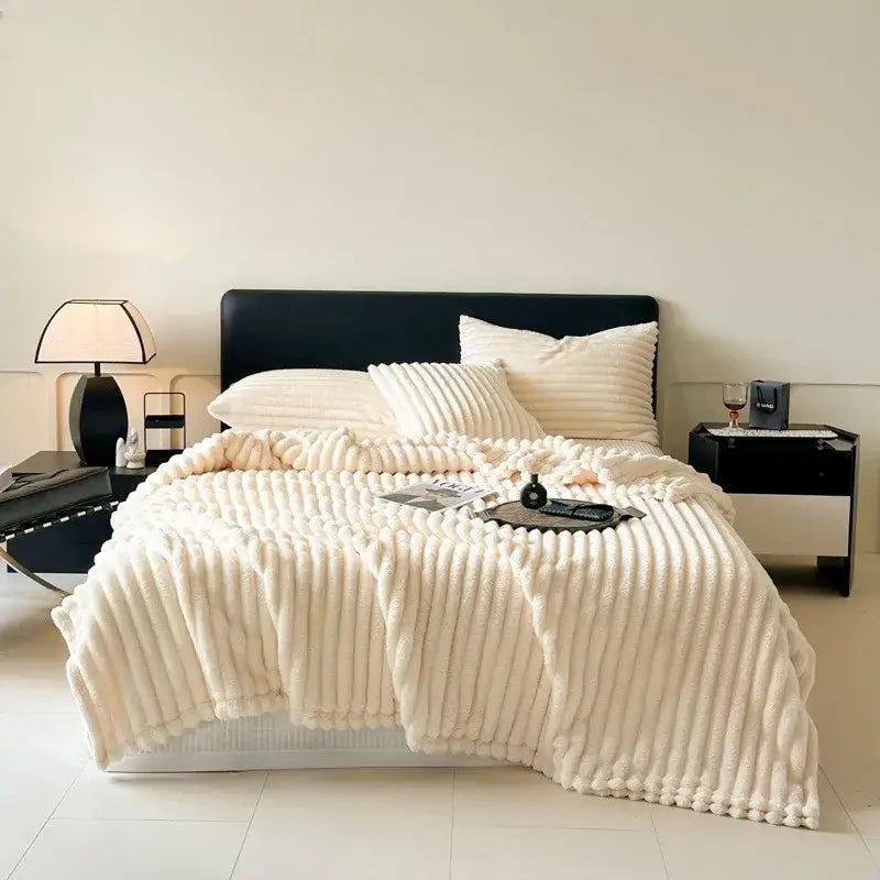 Cozy coral fleece wavy ribbed cream throw blanket for living room