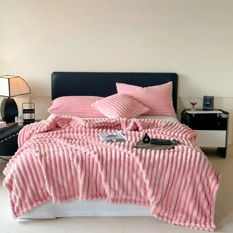 Cozy coral fleece wavy ribbed cream throw blanket for living room