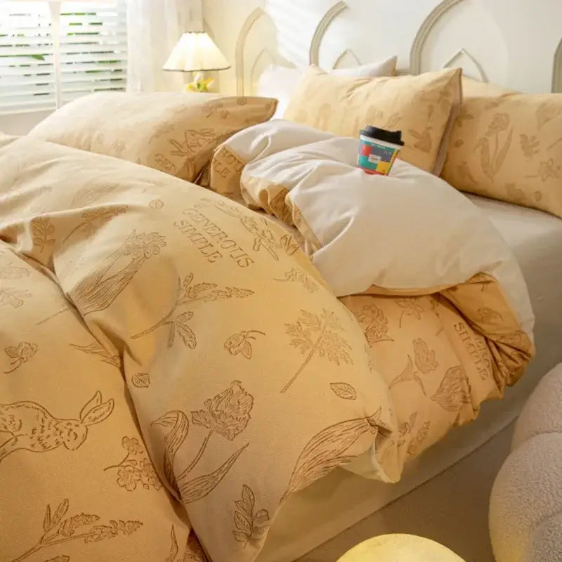 Cozy cotton bedding set cream pink & gray bunny bedroom duvet cover