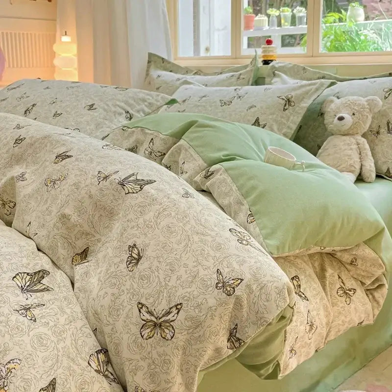 Cozy cotton bedding set cream pink & gray bunny bedroom duvet cover