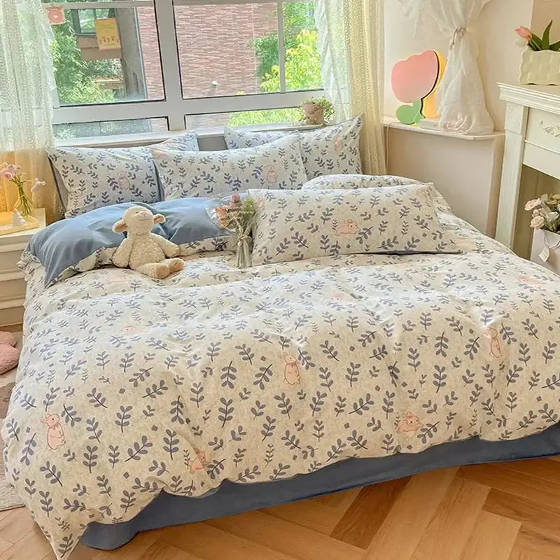 Cozy cotton bedding set cream pink & gray bunny bedroom duvet cover