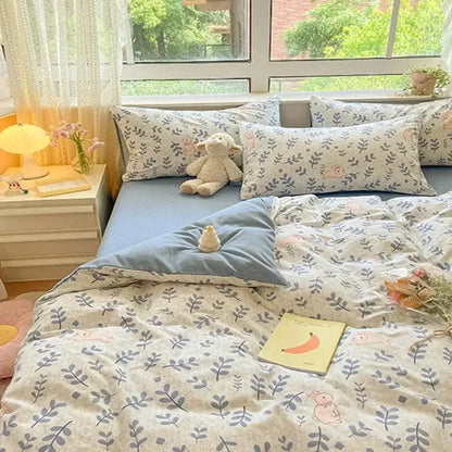 Cozy cotton bedding set cream pink & gray bunny bedroom duvet cover