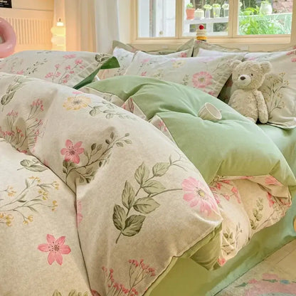 Cozy cotton bedding set cream pink & gray bunny bedroom duvet cover