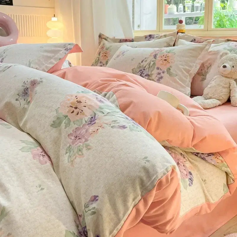 Cozy cotton bedding set cream pink & gray bunny bedroom duvet cover