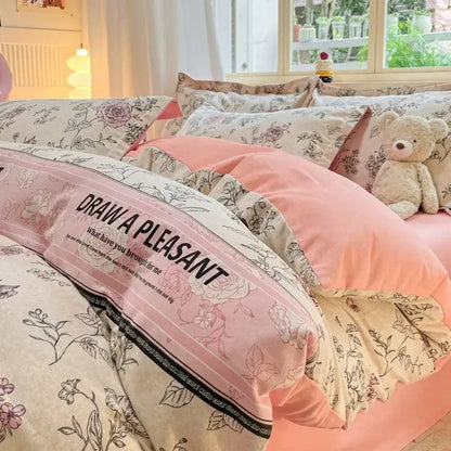 Cozy cotton bedding set cream pink & gray bunny bedroom duvet cover