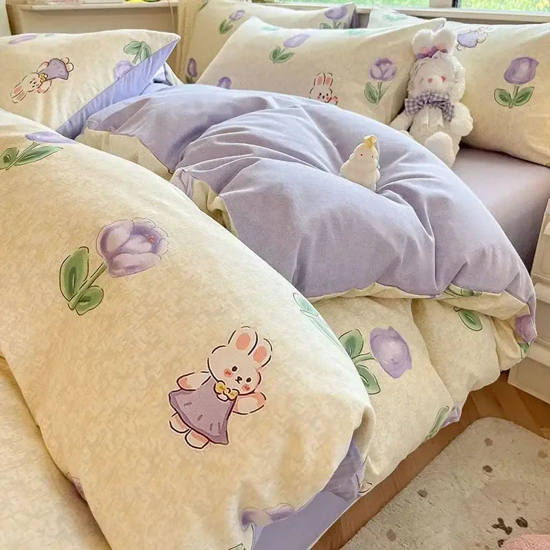 Cozy cotton bedding set cream pink & gray bunny bedroom duvet cover