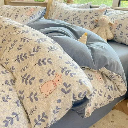 Cozy cotton bedding set cream pink & gray bunny bedroom duvet cover