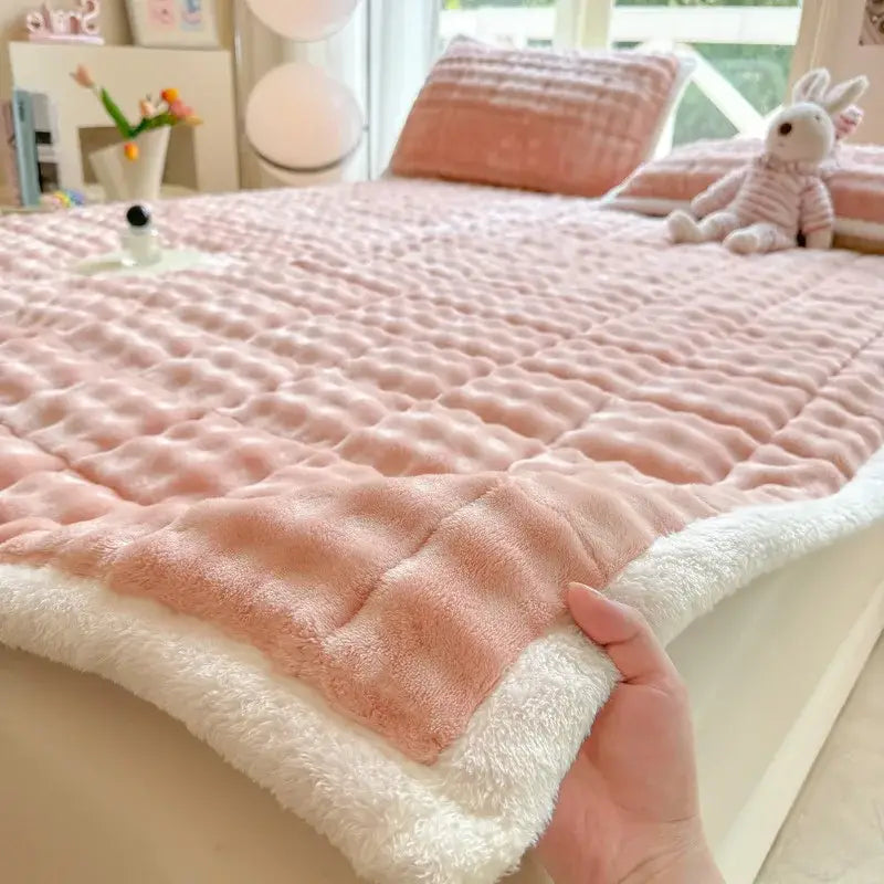 Cozy faux rabbit fur pink & white quilted mattress pad bedroom mat