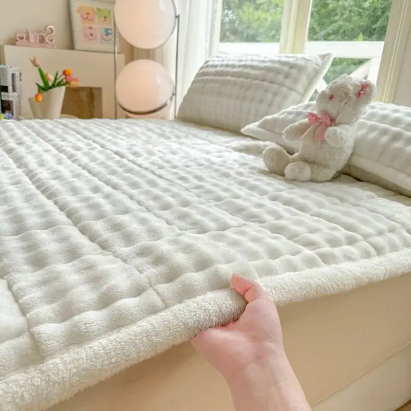 Cozy faux rabbit fur pink & white quilted mattress pad bedroom mat