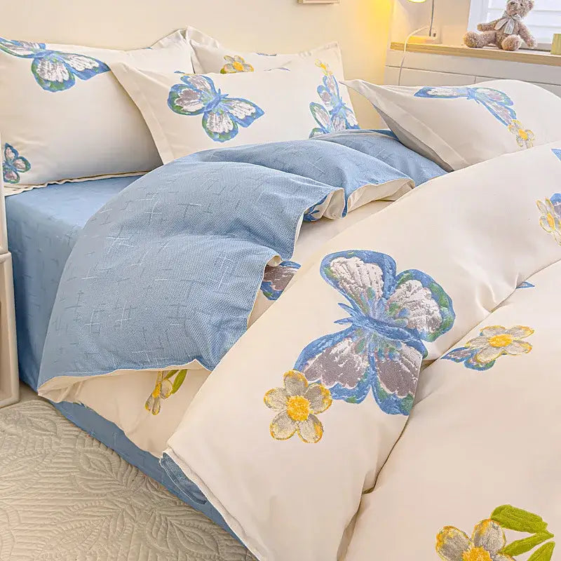 Cozy flower print cream teddy bear bedding set bedroom decor