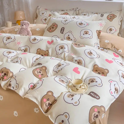 Cozy flower print cream teddy bear bedding set bedroom decor