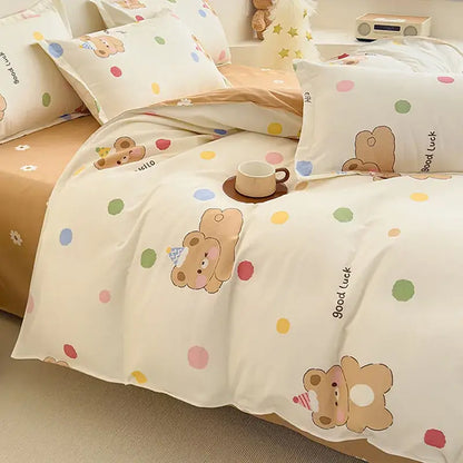 Cozy flower print cream teddy bear bedding set bedroom decor