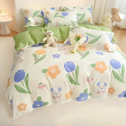 Cozy flower print cream teddy bear bedding set bedroom decor