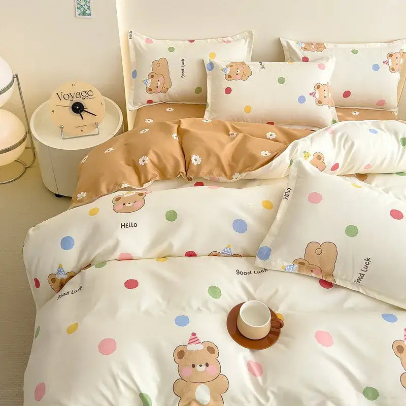 Cozy flower print cream teddy bear bedding set bedroom decor
