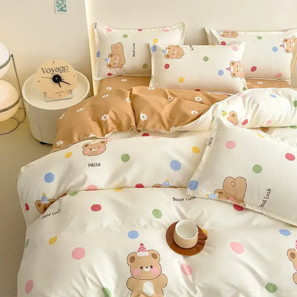 Cozy flower print cream teddy bear bedding set bedroom decor