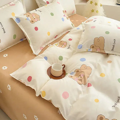 Cozy flower print cream teddy bear bedding set bedroom decor