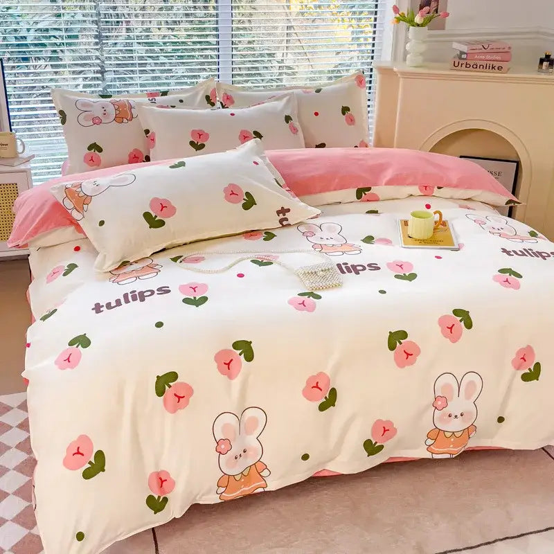 Cozy flower print cream teddy bear bedding set bedroom decor