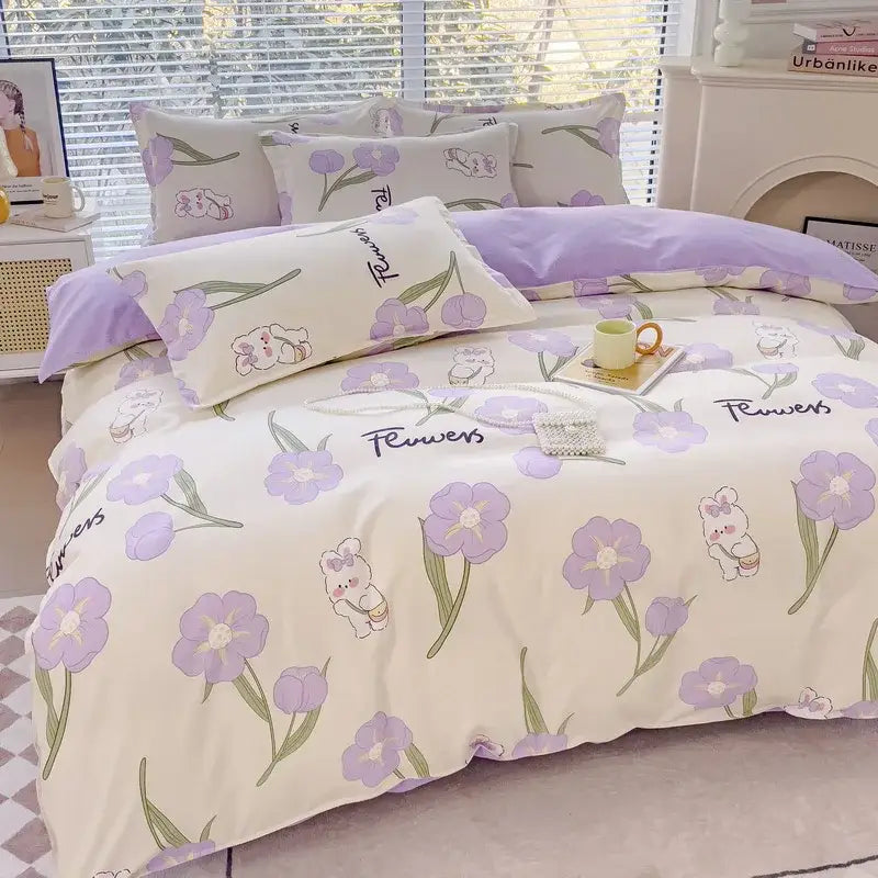 Cozy flower print cream teddy bear bedding set bedroom decor