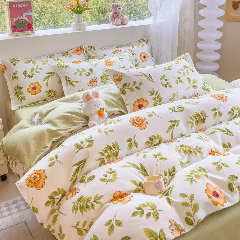 Cozy flower print cream teddy bear bedding set bedroom decor