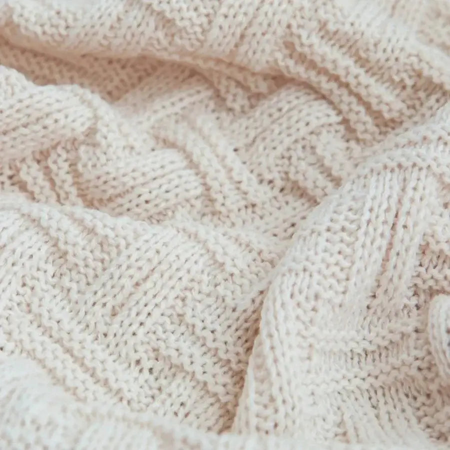 Cozy fringed plaid cream knit throw blanket bedroom decor
