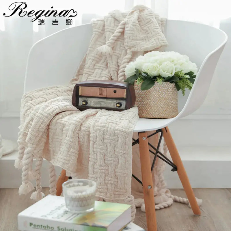 Cozy fringed plaid cream knit throw blanket bedroom decor