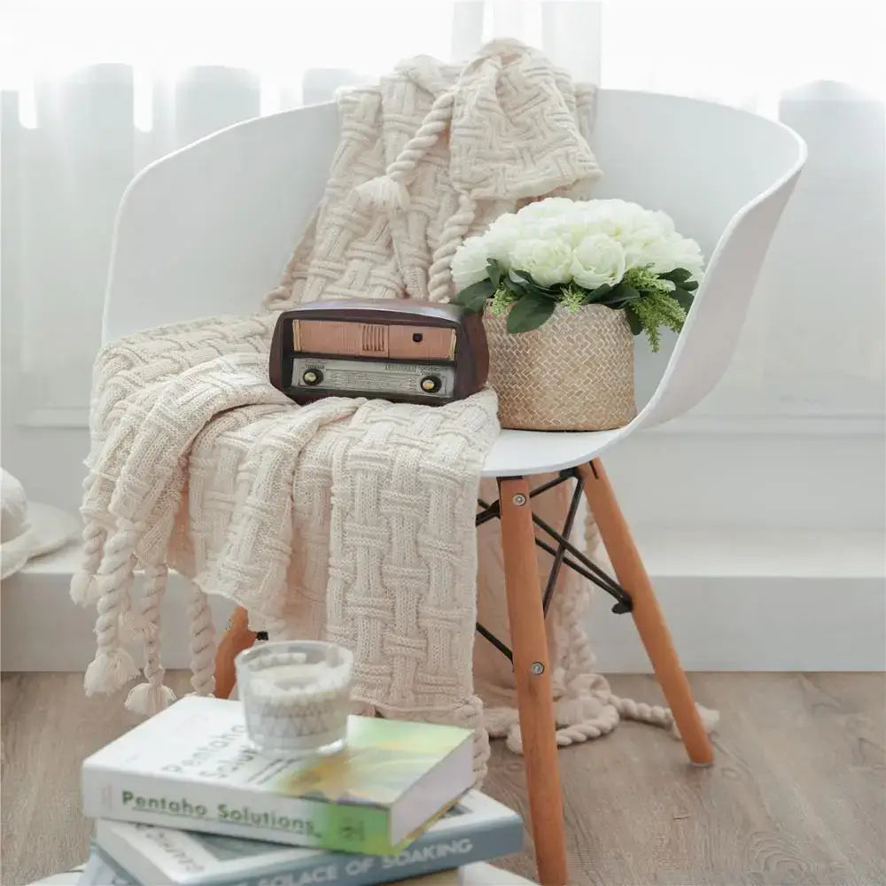 Cozy fringed plaid cream knit throw blanket bedroom decor