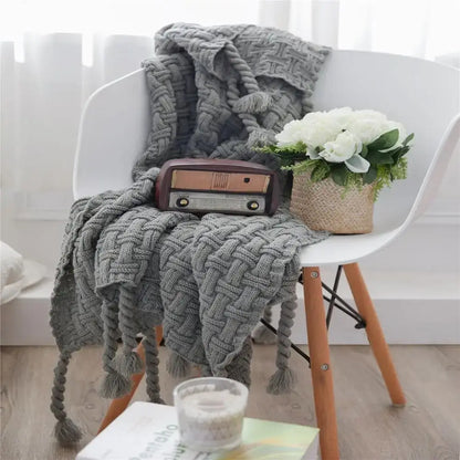 Cozy fringed plaid cream knit throw blanket bedroom decor
