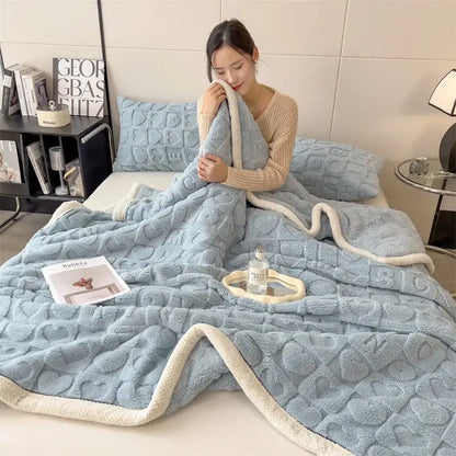 Cozy jacquard taffeta blue & cream flannel nap blanket bedroom comforter