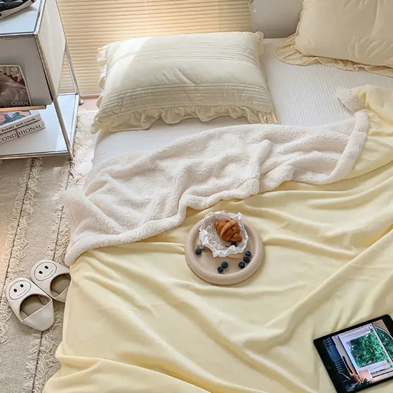 Cozy lamb wool blanket cream ruffled plush quilt for bedroom