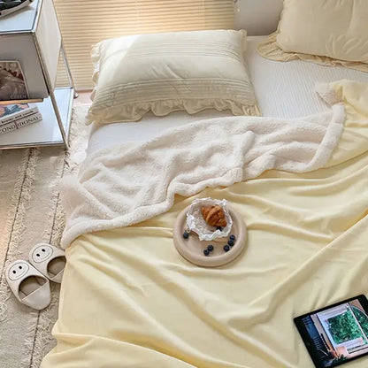 Cozy lamb wool blanket cream ruffled plush quilt for bedroom