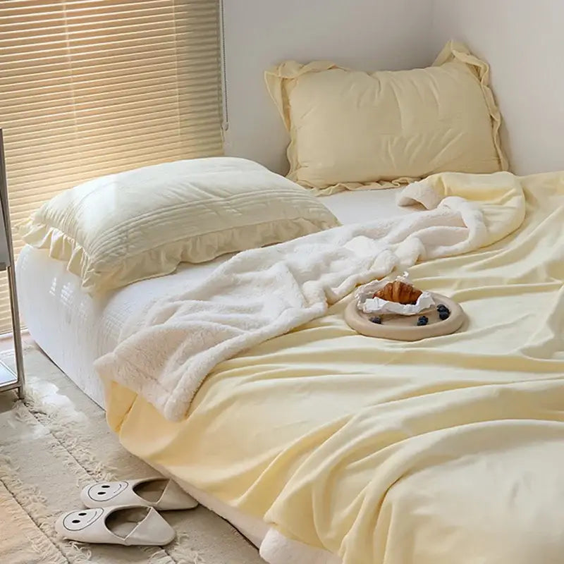 Cozy lamb wool blanket cream ruffled plush quilt for bedroom