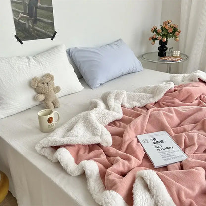 Cozy lamb wool blanket cream ruffled plush quilt for bedroom
