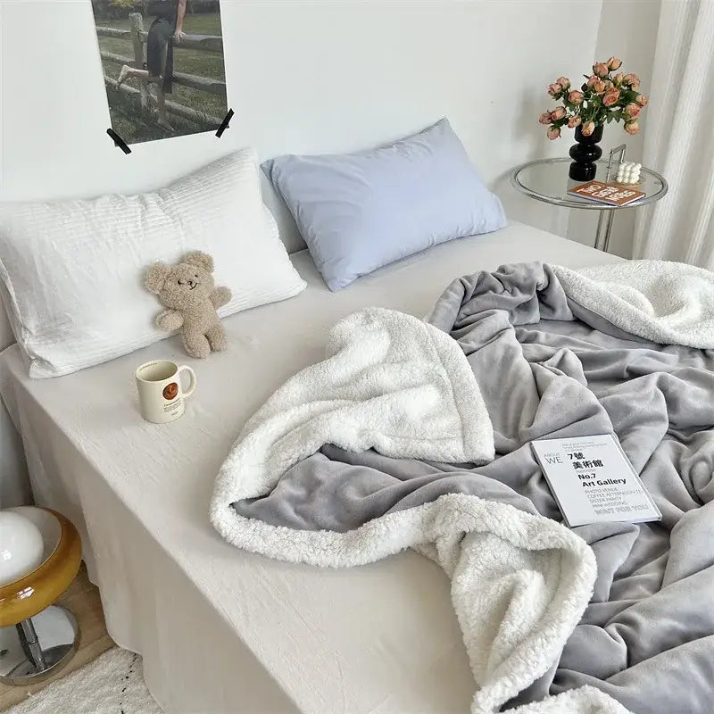 Cozy lamb wool blanket cream ruffled plush quilt for bedroom