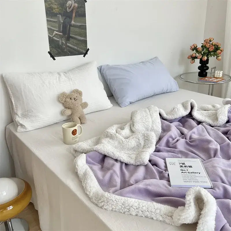 Cozy lamb wool blanket cream ruffled plush quilt for bedroom