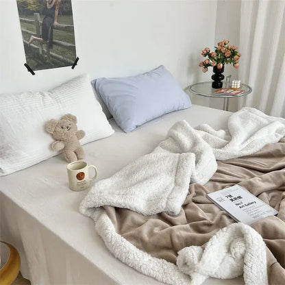 Cozy lamb wool blanket cream ruffled plush quilt for bedroom