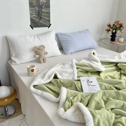 Cozy lamb wool blanket cream ruffled plush quilt for bedroom