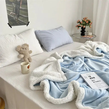 Cozy lamb wool blanket cream ruffled plush quilt for bedroom