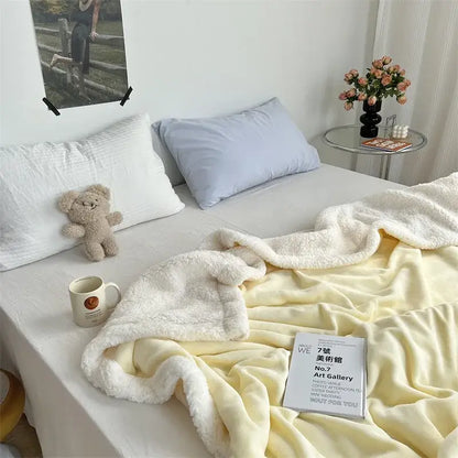 Cozy lamb wool blanket cream ruffled plush quilt for bedroom