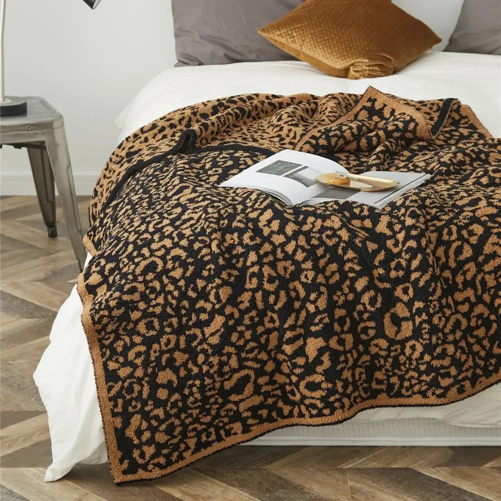 Cozy leopard print knitted cream & gray bedroom throw blanket