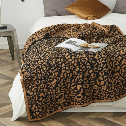 Cozy leopard print knitted cream & gray bedroom throw blanket